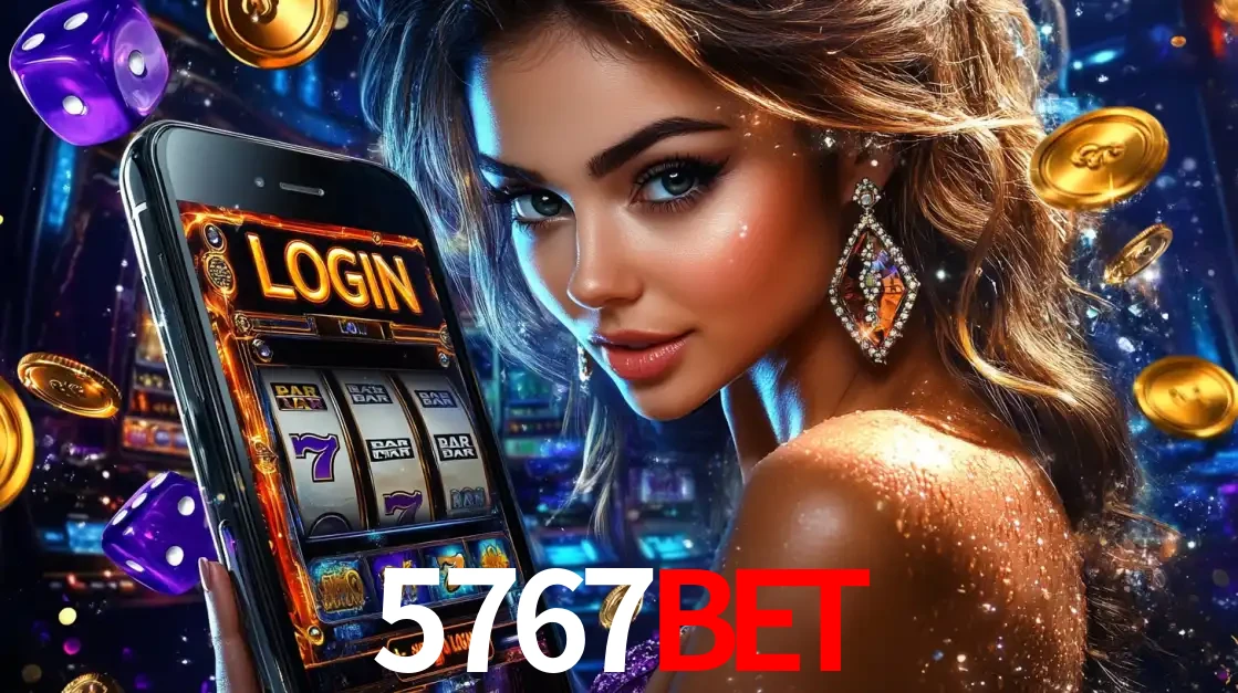 Mulher glamorosa segurando um smartphone com a tela de login para os jogos de caça-níqueis do cassino online 5767bet, com moedas de ouro e dados ao redor.