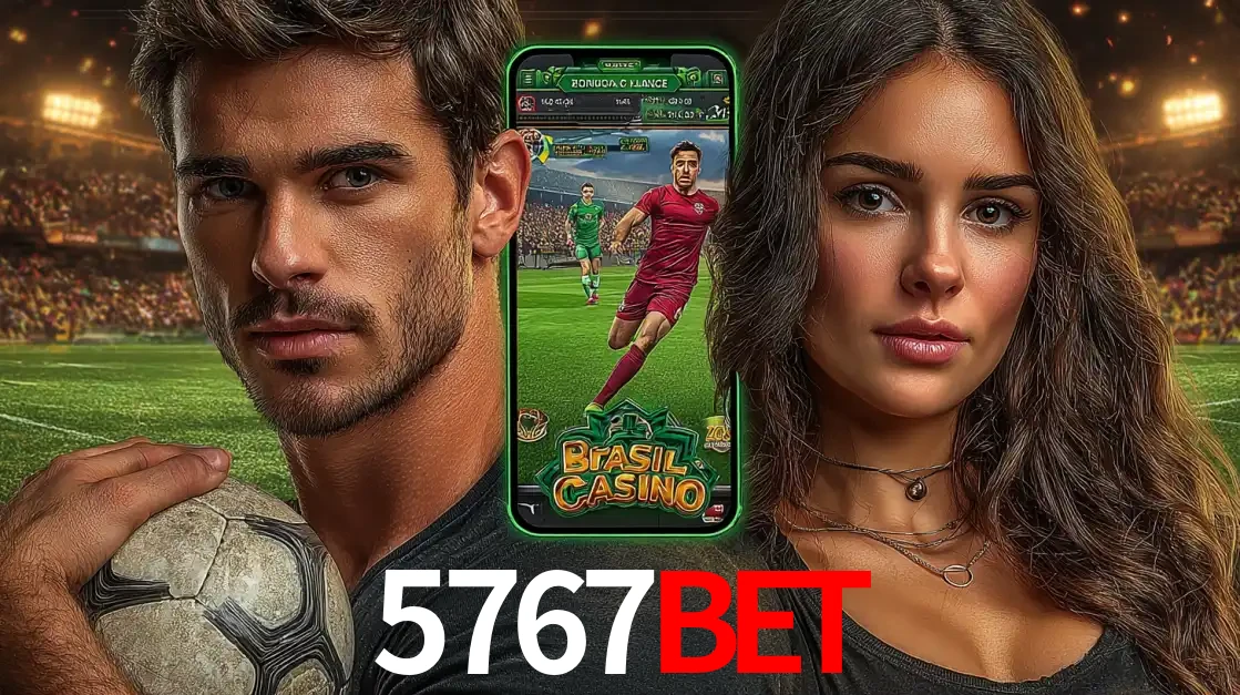 Homem segurando uma bola de futebol e uma mulher ao lado de um smartphone exibindo o jogo de apostas esportivas da 5767bet. Faça seu palpite no cassino online.